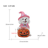 Halloween White Teddy Puppy Figurine, Witch Dog Holding Pumpkin Candy Bowl Decor