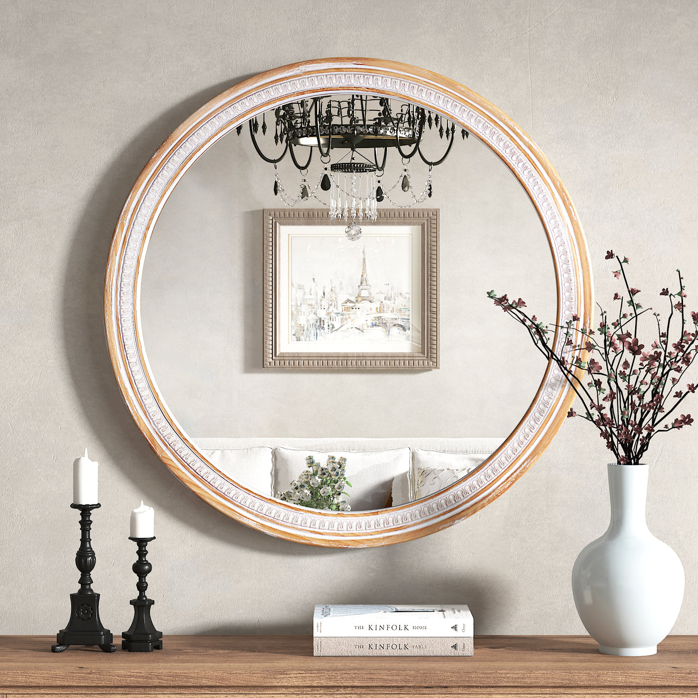 30" Round Solid Wood Farmhouse Wall Mirror Rustic Boho