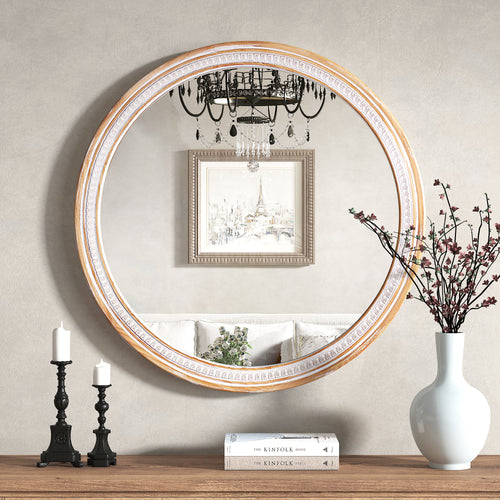 30" Round Solid Wood Farmhouse Wall Mirror Rustic Boho