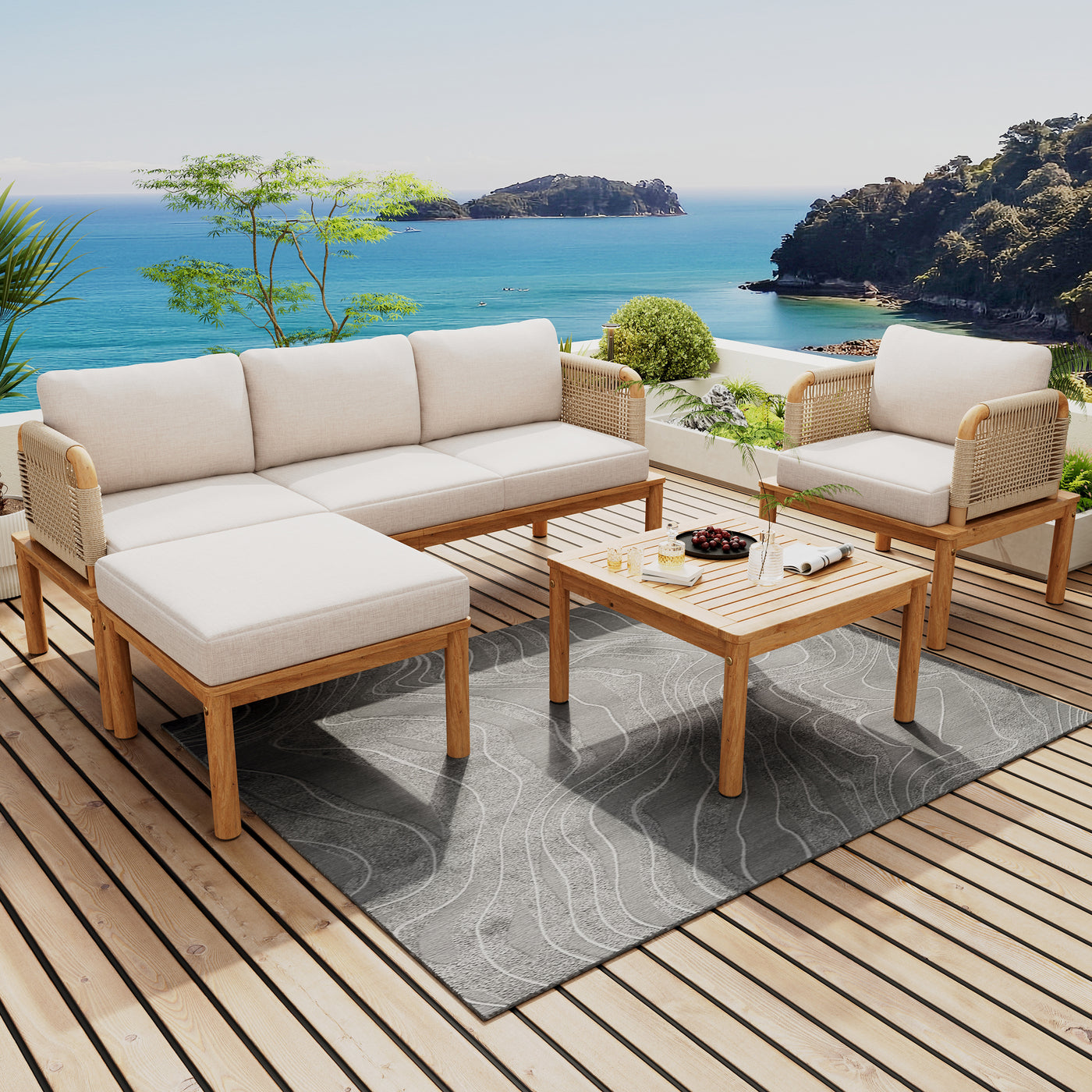 Outdoor Sofa Set Acacia Wood Rope 4 Piece Teak Beige