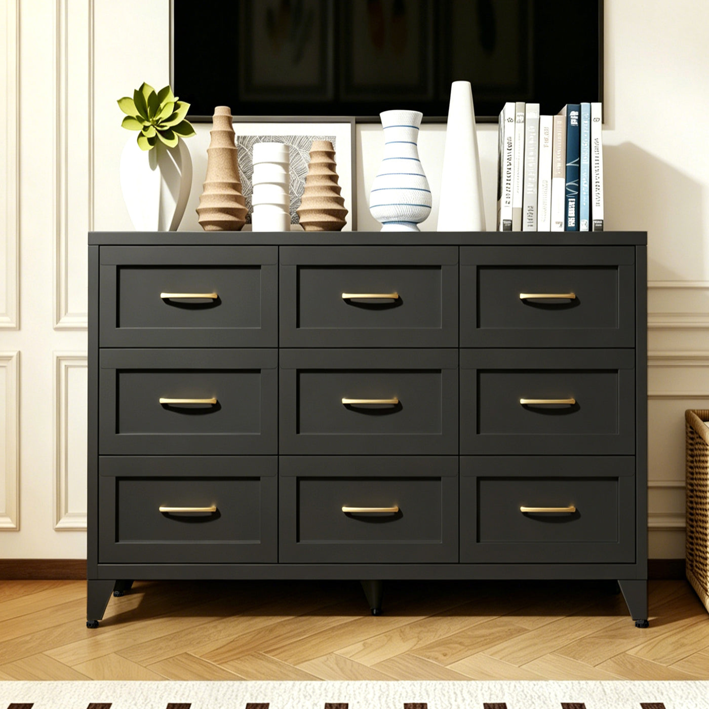 Dresser 9-Drawer Black Steel Smooth-Glide Powder Coat 52x15.8x30 In