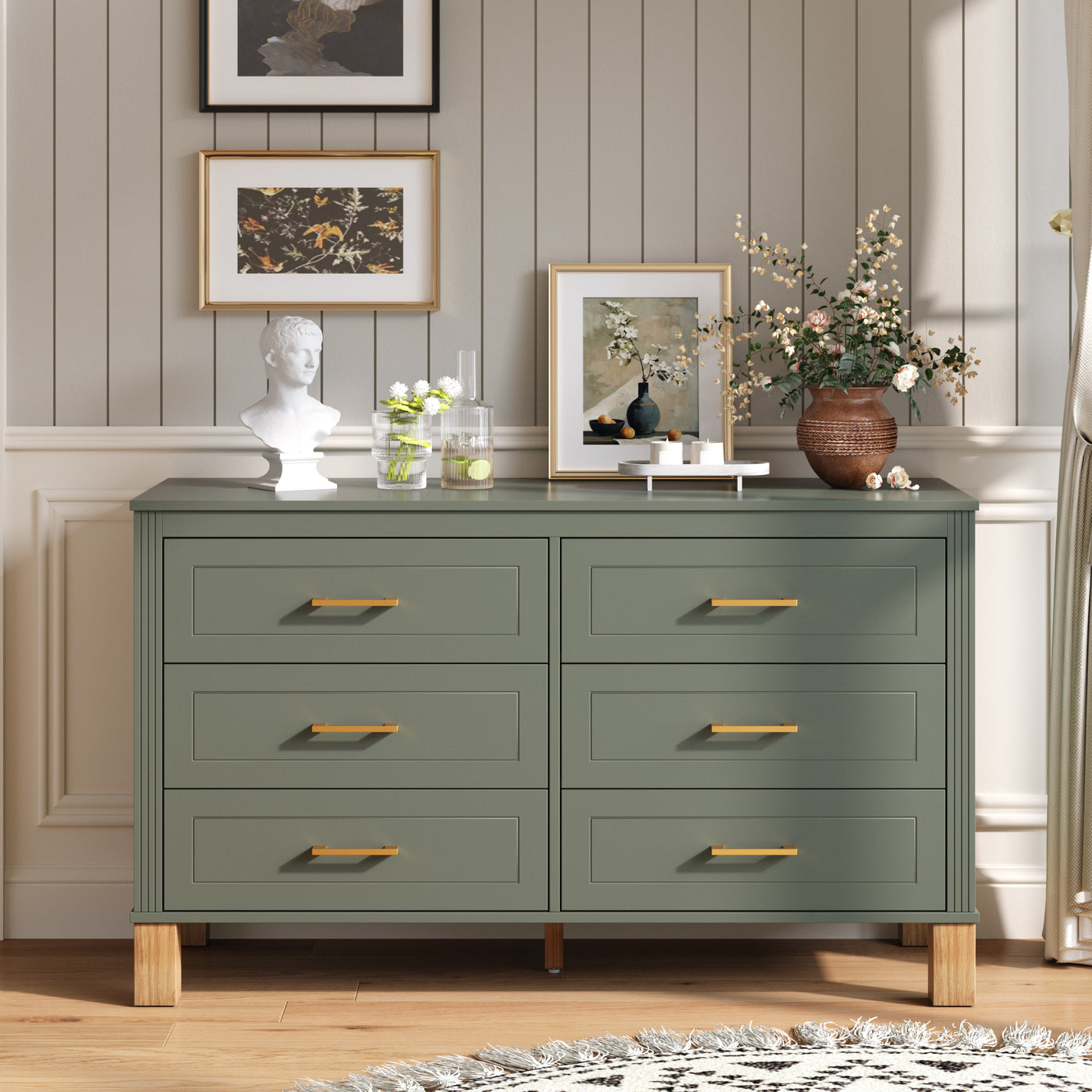 6-Drawer Olive Wood Dresser with Metal Handles