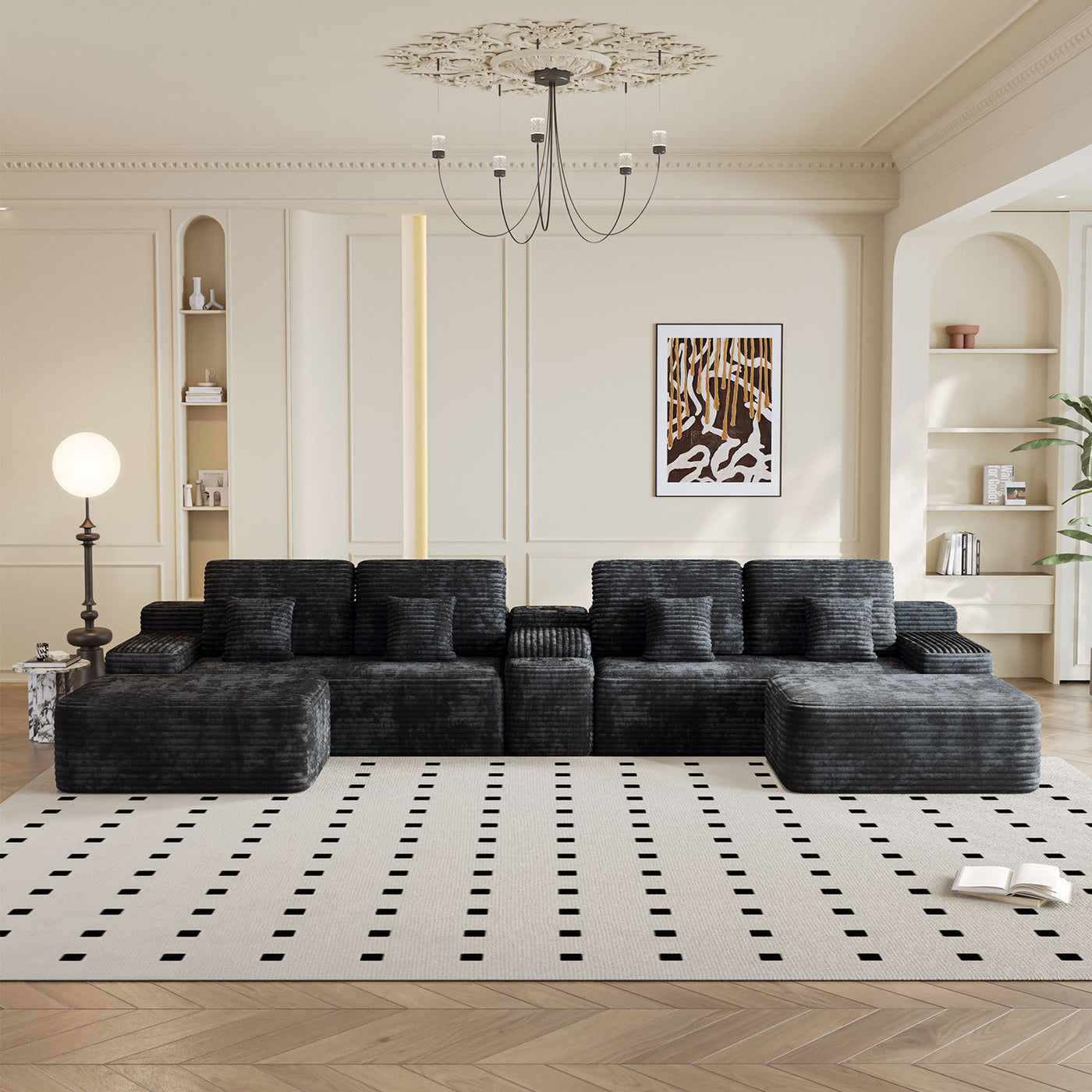 Sectional Sofa U-Shape Corduroy Black 6 Seat USB Bluetooth 150 In