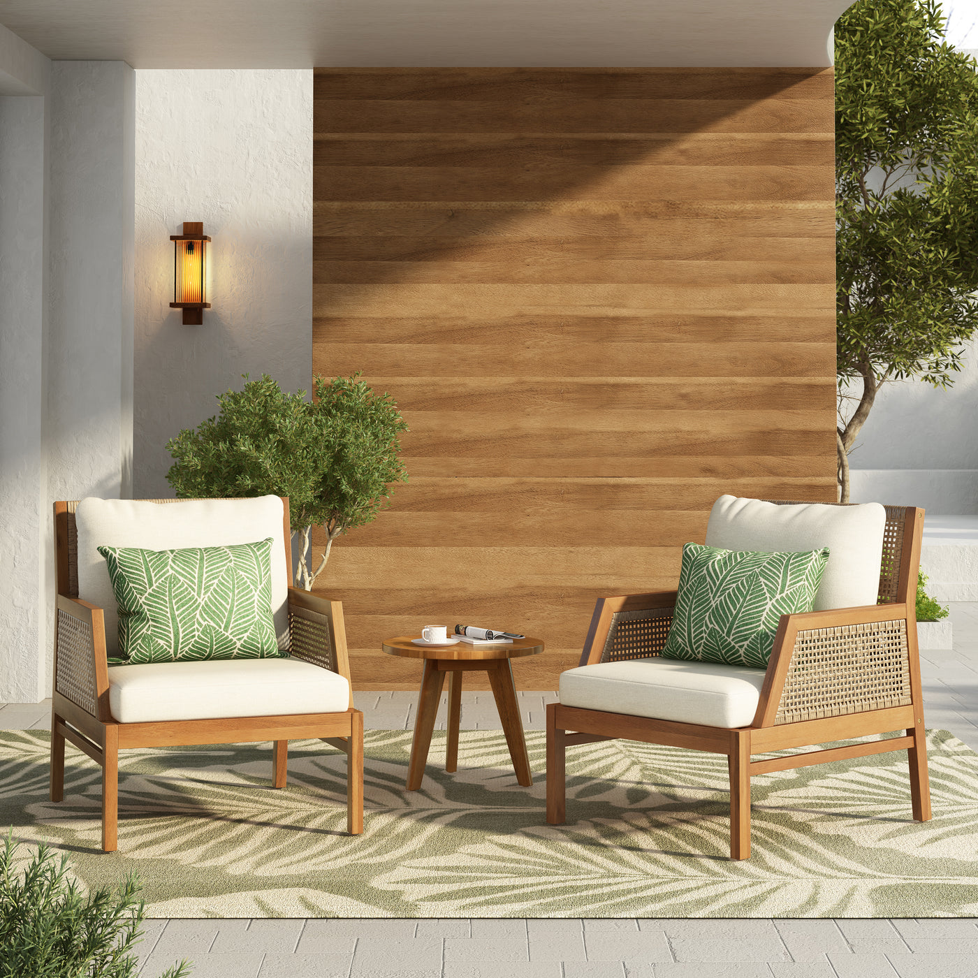 2 Piece Acacia Wood Patio Furniture Club Chair, Set of 2 Outdoor Wicker Armchair, Deep Seating with Soft Cushions for Porch, Garden, Backyard, Balcony, Teak & Mix Brown & Cream