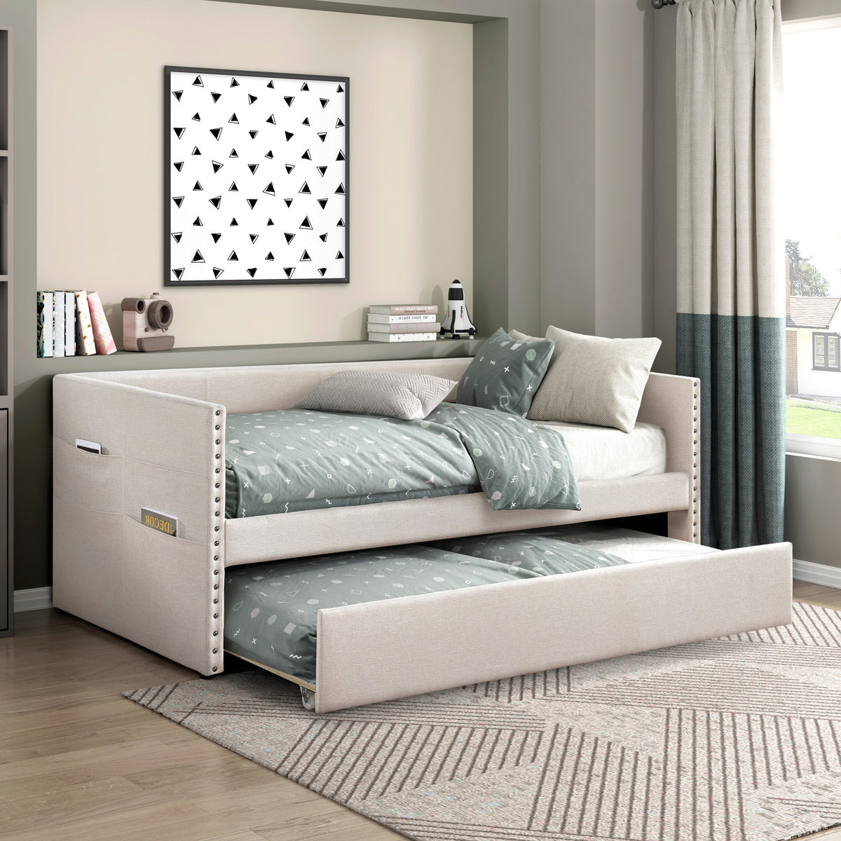 Daybed with Trundle Wood Sleeper Beige