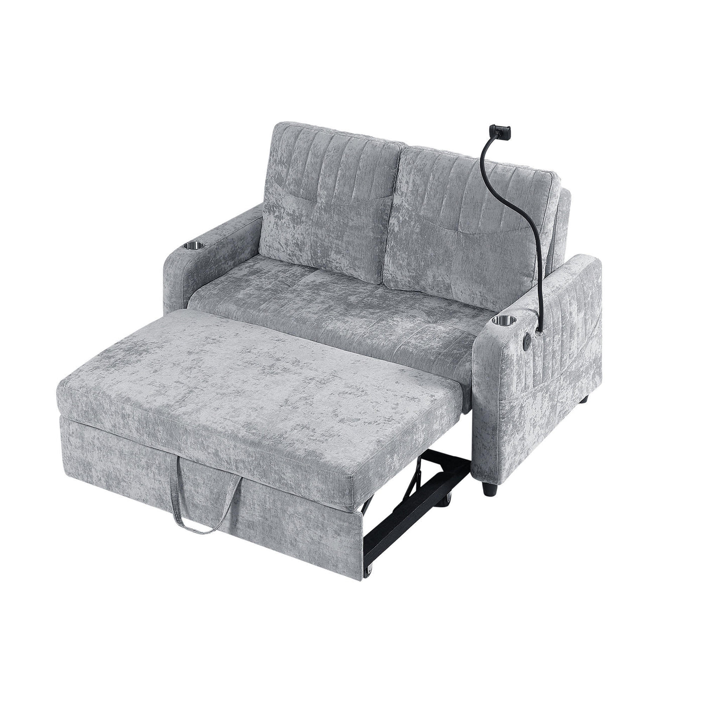 Modern Loveseat Pull-out Sofa Bed with Adjustable Backrest, Cup Holders, Phone Holder, Charging Ports, Side Storage Pockets, Grey Chenille