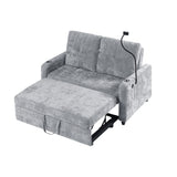 Modern Loveseat Pull-out Sofa Bed with Adjustable Backrest, Cup Holders, Phone Holder, Charging Ports, Side Storage Pockets, Grey Chenille