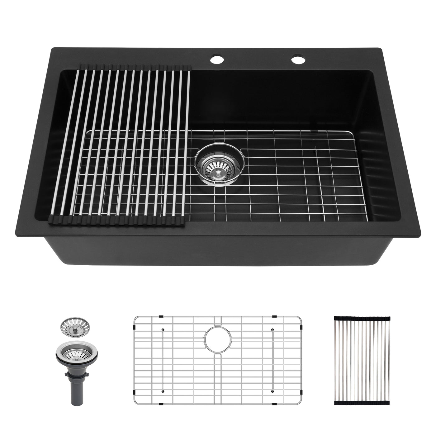 Black Granite Composite Drop-In Kitchen Sink 33x22