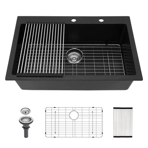 Black Granite Composite Drop-In Kitchen Sink 33x22