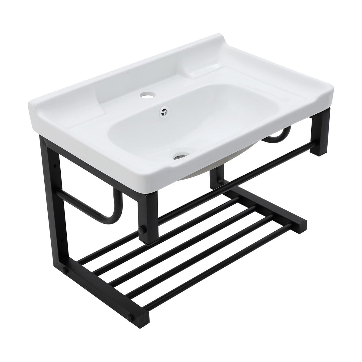 Wall-Mounted Rectangular Ceramic Bathroom Sink with Black Towel Bar & Overflow,