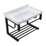 Wall-Mounted Rectangular Ceramic Bathroom Sink with Black Towel Bar & Overflow,