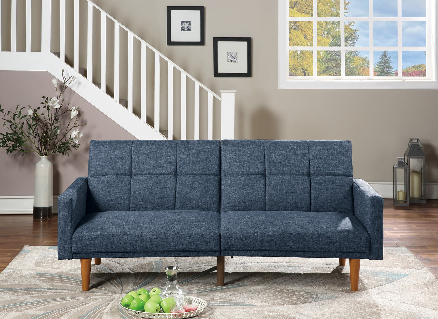 Navy Transitional Convertible Sofa Bed Tufted Polyfiber