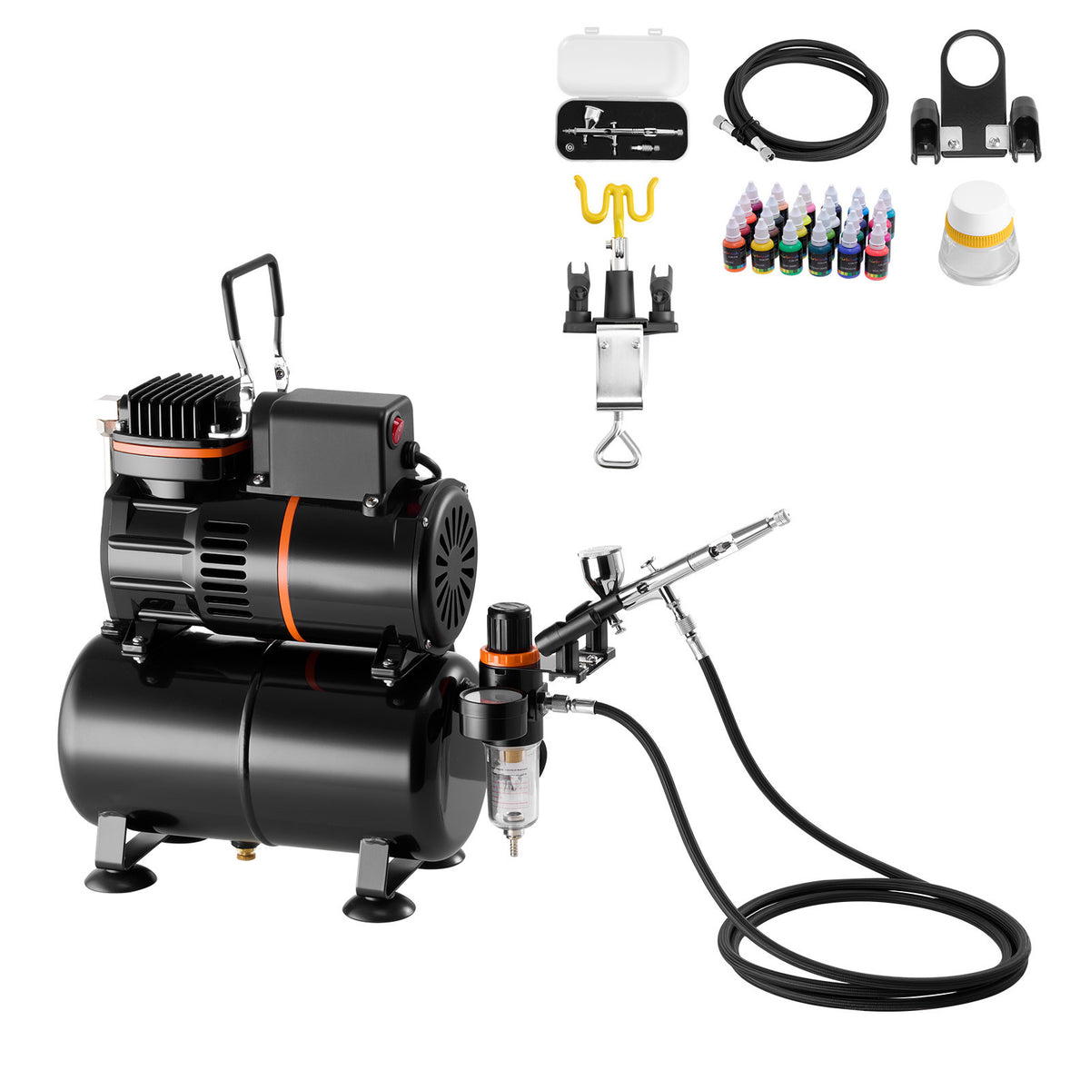 Airbrush Kit, 1/6 HP, Air Brush Kit with Air Compressor and Tank, 1 Dual-Action