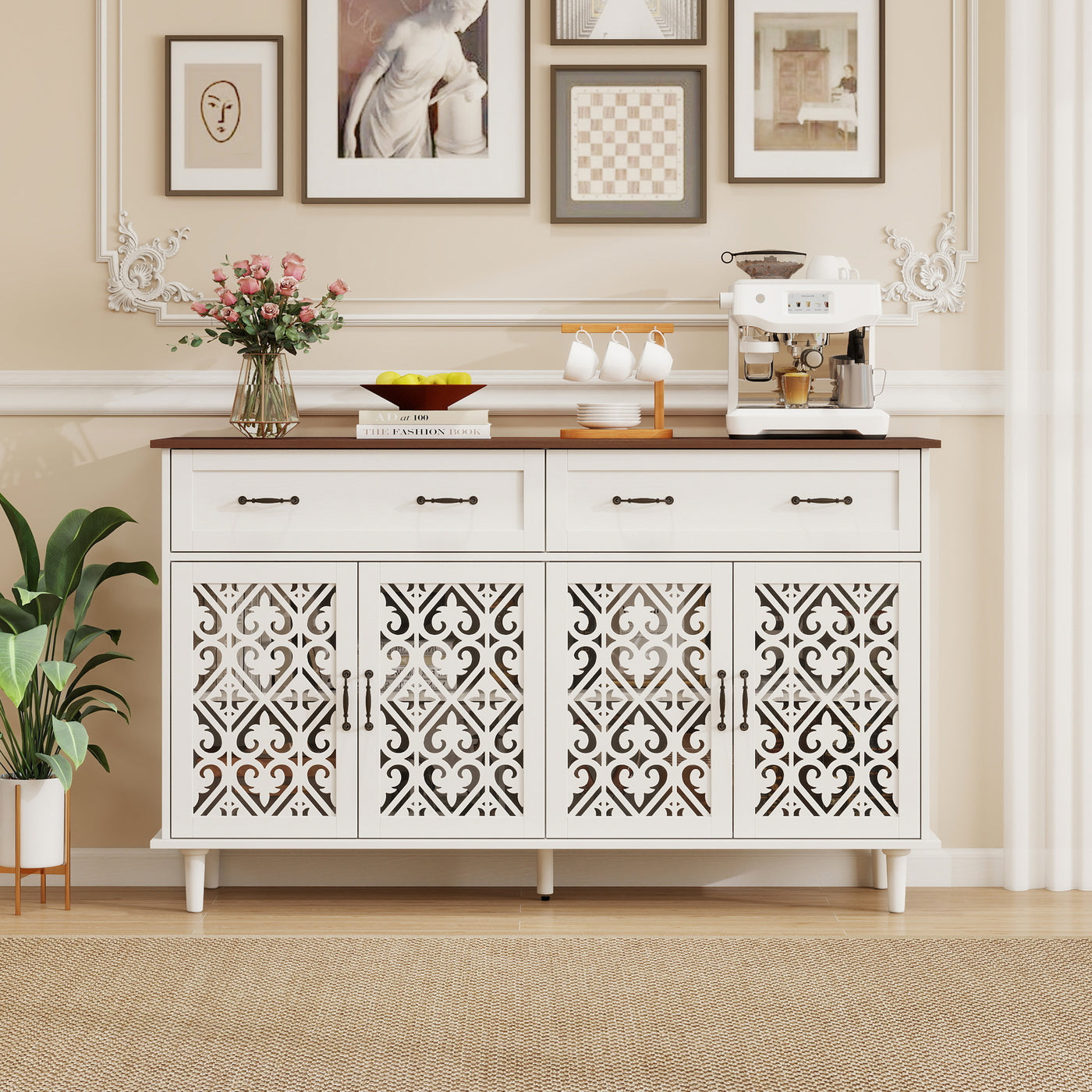 Vintage Sideboard Buffet Cabinet Hand-Carved Geometric Doors