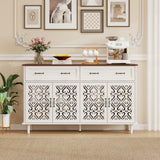 Vintage Sideboard Buffet Cabinet Hand-Carved Geometric Doors