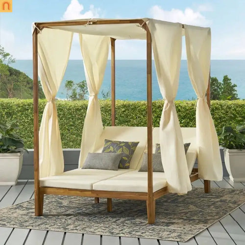 Outdoor Daybed Acacia Wood Teak Chaise Lounge with Curtains 79in