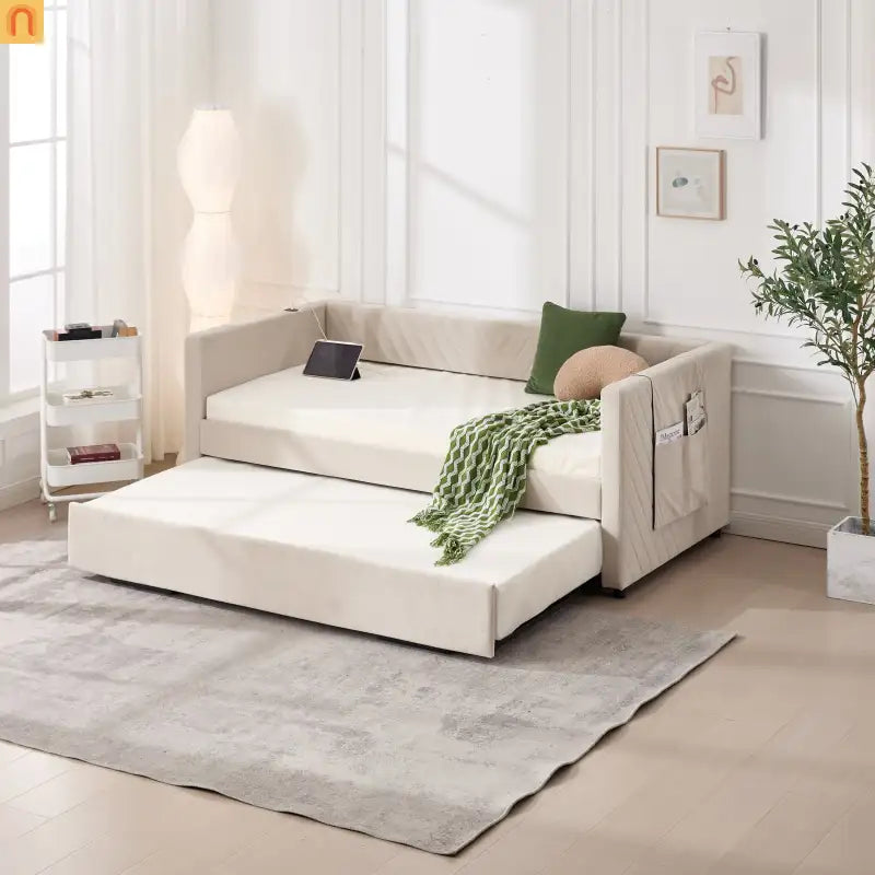 Chaise Lounge Velvet Beige Twin Trundle USB Port Side Pockets