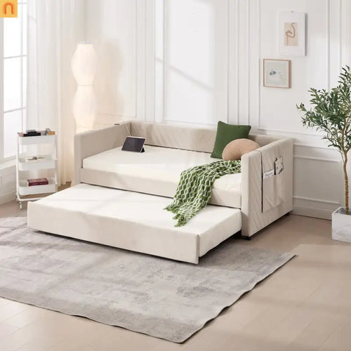 Chaise Lounge Velvet Beige Twin Trundle USB Port Side Pockets
