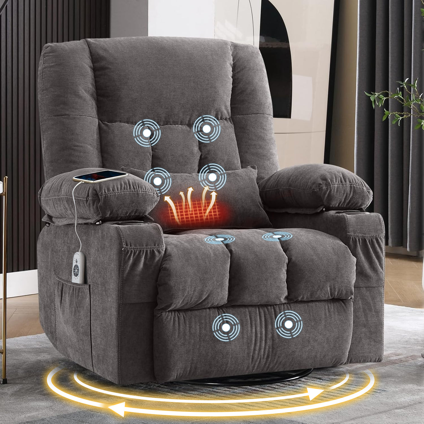 Massage Swivel Rocker Recliner Chair with Heat and USB Port