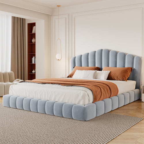 Velvet Upholstered Queen Bed Frame with Shell-Shaped Headboard, Light Blue