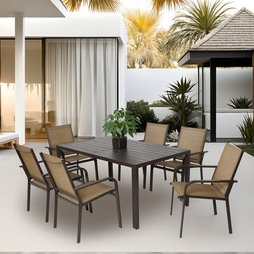 7 Piece Patio Dining Set Rectangular Table 6 Stackable Chairs
