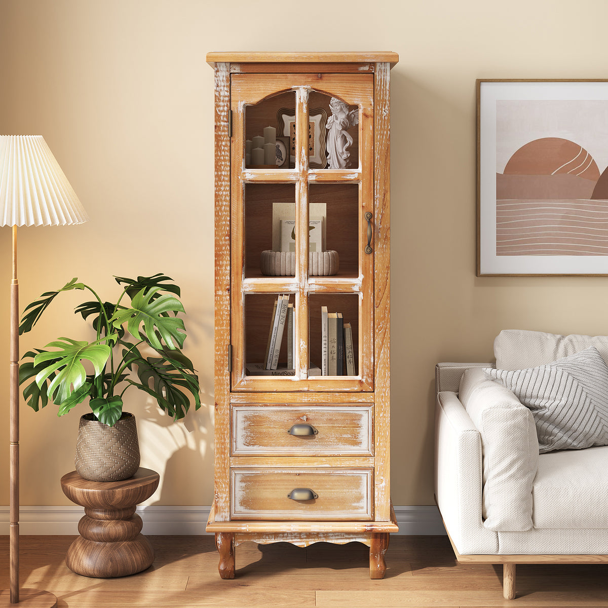 Rustic Wooden Storage Cabinet with Decorative Cutout Door & 2 Drawers, Tall Narr