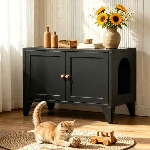 Modern Black Metal Cat Litter Box Enclosure Cabinet Furniture