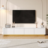 ON-TREND Luxury Fluted TV Stand for TVs Up to 85', Faux Marble Tabletop Media Console with 4 Drawers, Curved Profile Design, Modern Entertainment Center with Gold Base for Living Room, White