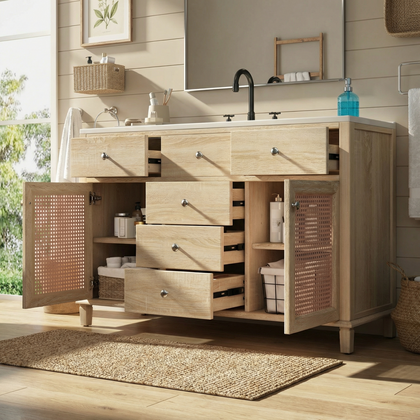 48" Natural Rattan Bathroom Vanity with 5 Drawers & Ceramic Sink