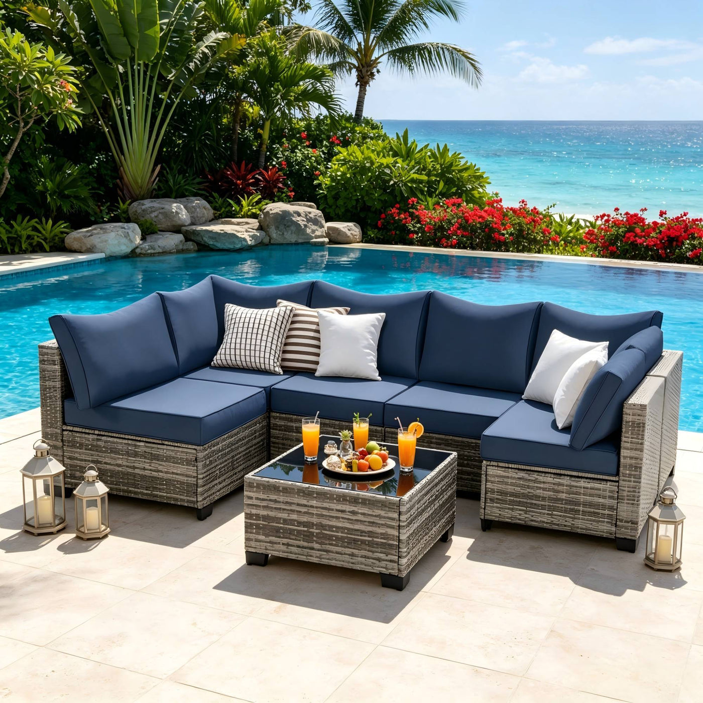 7-Piece Outdoor Wicker Sectional Sofa Set w/ Cushions