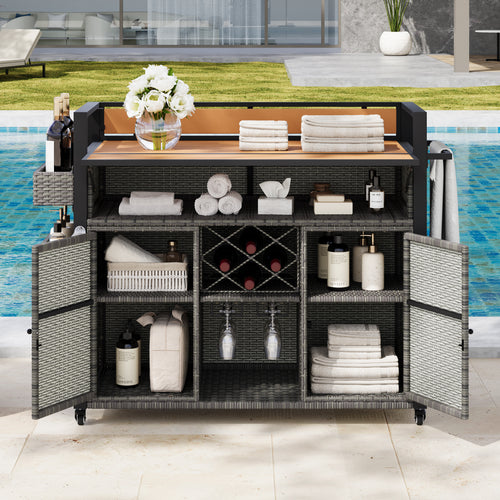 52.8" Wicker Outdoor Grill Cart with Wood Top and Storage