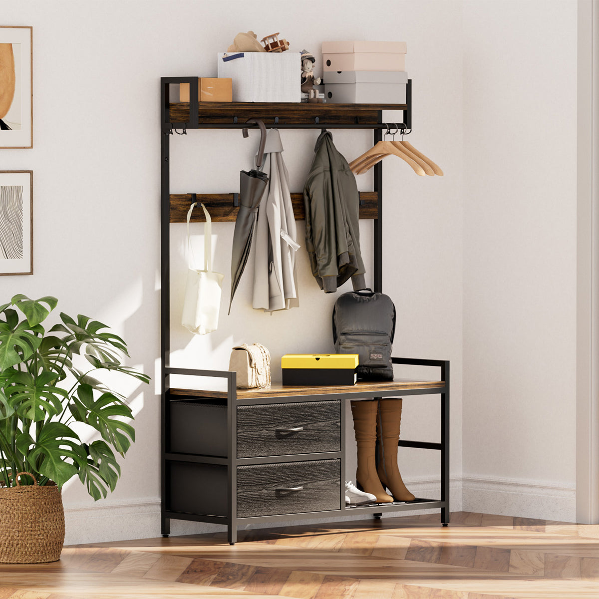 33.1" Wide Hall Tree with 2 Movable Drawers, Shoe Storage, Shelves