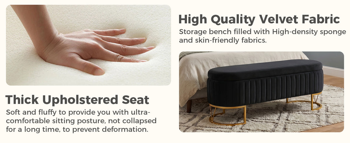 Storage Bench Bedroom Bench, Velvet Oval Upholstered End of Bed Bench