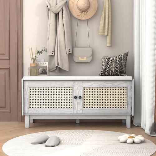 Boho Rattan Entryway Bench with Storage and Cushion