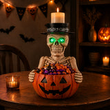Halloween Skeleton Figurine with Pumpkin Candy Bowl & Candle Holder, Spooky Tabl