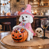 Halloween White Teddy Puppy Figurine, Witch Dog Holding Pumpkin Candy Bowl Decor