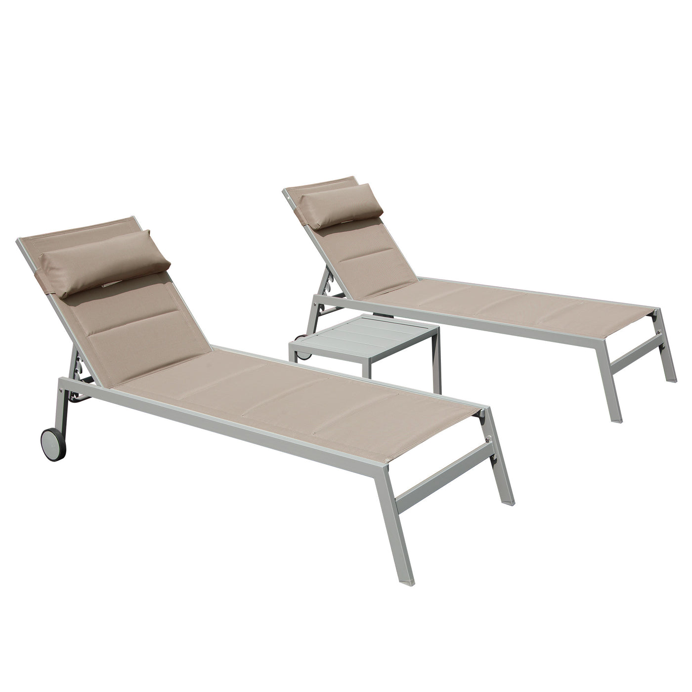 3-Piece Aluminum Chaise Lounge Set w/ Side Table Khaki