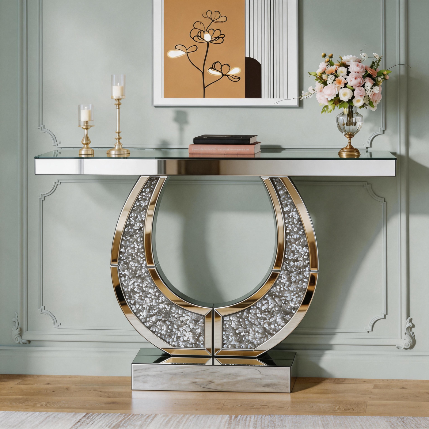 45" Mirrored Console Table with Crushed Diamond Inlay