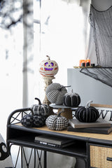 Set of 2, 7x7x7' Fabric Light Black White Plaid Pumpkin, for Holiday Halloween D