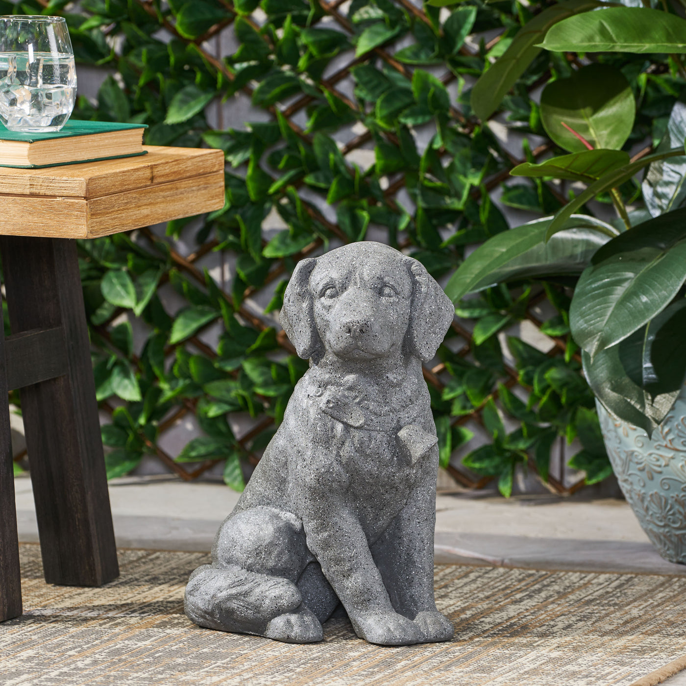 Stone Gray Dog Statue Outdoor Garden Decor No Assembly