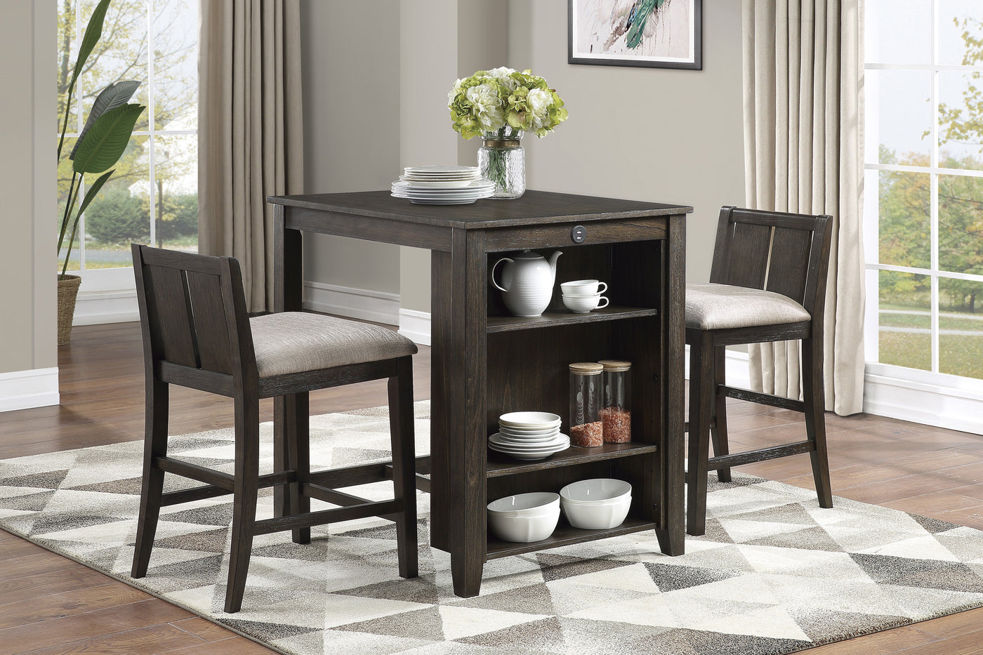 Counter Height Dining Set Dark Cherry w USB Ports Display Shelf