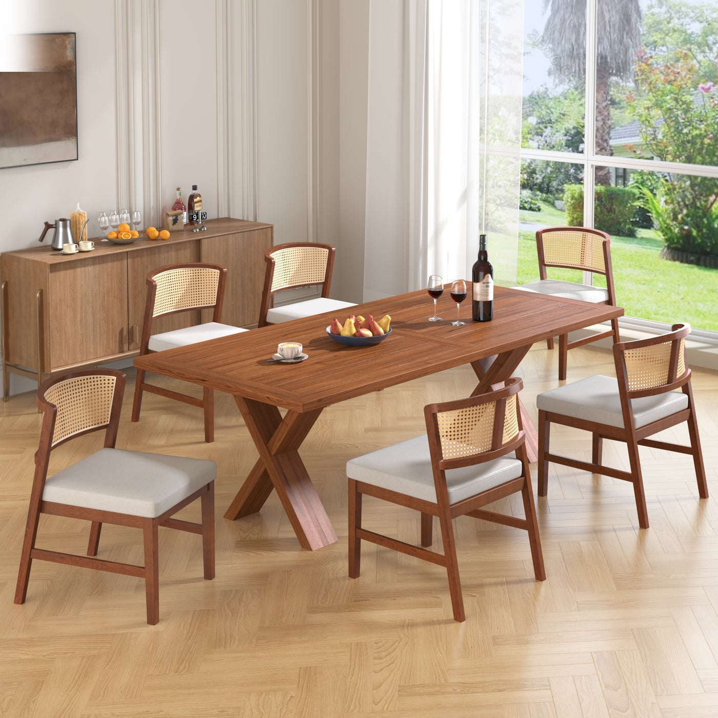 Rattan Dining Chairs Set of 2, Walnut Hardwood Frame