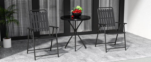 Outdoor Patio Set Metal WPC Black 3 Piece Folding Chairs Glass Table 350 LB