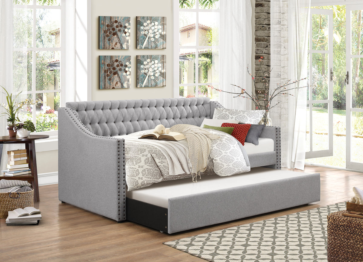 Daybed with Trundle Wood Tufted Gray
