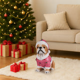 Christmas Pug Statue, Holiday Dog Figurine in Pink Santa Outfit