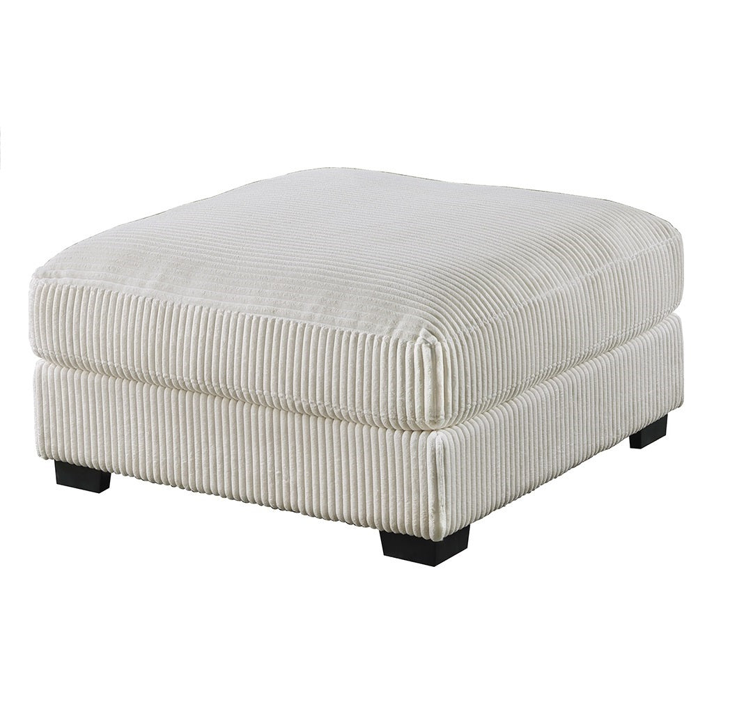 Beige Wide-Welt Corduroy Cocktail Ottoman with Wood Legs