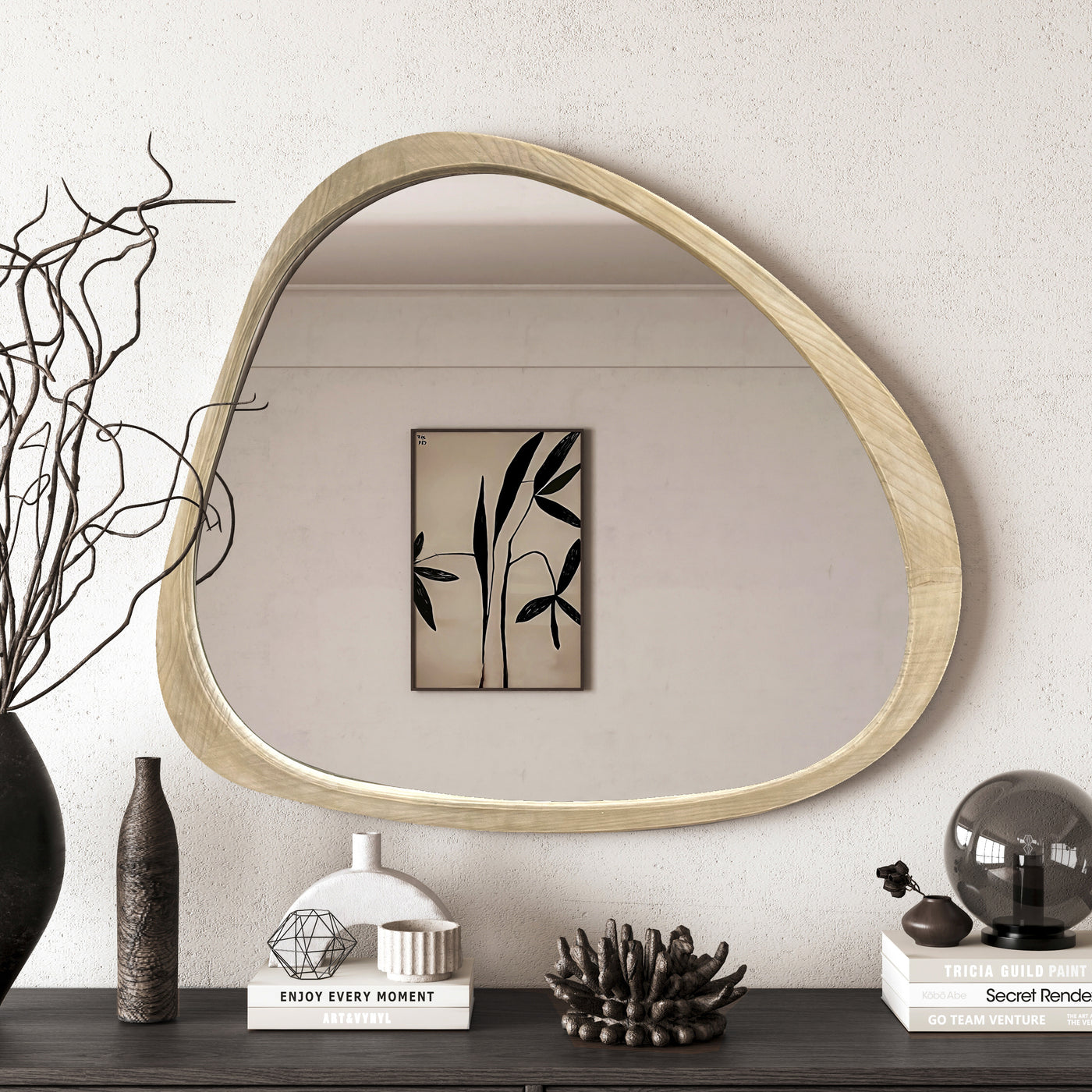 Wall Mirror Asymmetrical Solid Pine Wood Natural Mid-Century 44.9x38.9 In