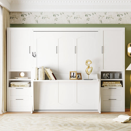 Queen Size Murphy Bed Wall Bed with Closet ,Drawers and Shelves,White(OLD SKU:LP000909AAK-2)
