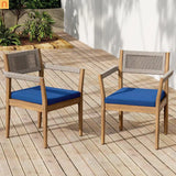 Outdoor Dining Chair Acacia Wood Rope Teak Beige Navy Cushion Set 2