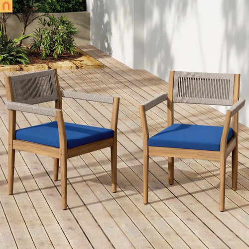 Outdoor Dining Chair Acacia Wood Rope Teak Beige Navy Cushion Set 2
